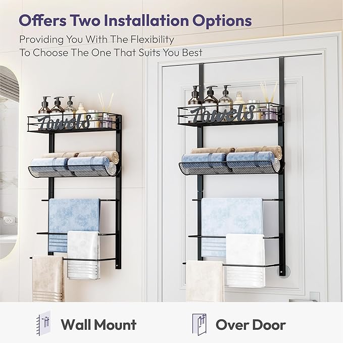 SWTYMIKI Over The Door Towel Racks for Bathroom - 5-Tier Wall Mounted Bathroom Towel Storage Organizer Holder with Metal Shelf, Black