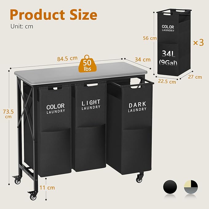 Gewudraw 3 Section Laundry Sorter with Ironing Board, Laundry Hamper with Removable Bags, Heavy Duty Rolling Laundry Cart with Lockable Wheels for Bathroom Bedroom, black