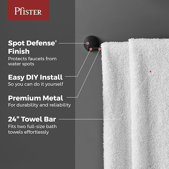 Pfister Vedra Bath Towel Bar for Bathroom, 24-Inch, Wall-Mounted, Screw-in, Matte Black Finish, BTBVED2B