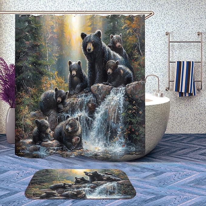 4 Pcs Black Bear Bathroom Shower Curtain Set with Rugs,Toilet Lid Cover, Bath Mat, Wildlife Bear Vintage Cabin Forest Waterfall Bathroom Decor Sets Accessories with 12 Hooks
