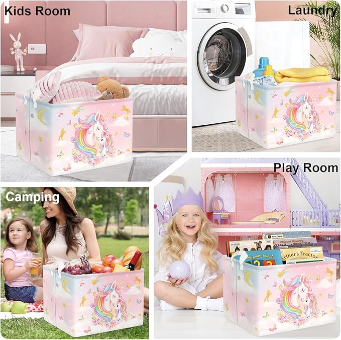 Unicorn Laundry Hamper Large Storage Basket Rainbow Clouds Collapsible Parents Organizer Kids Toy Clothes Bins for Bedroom, Bathroom, Flowers, 36L
