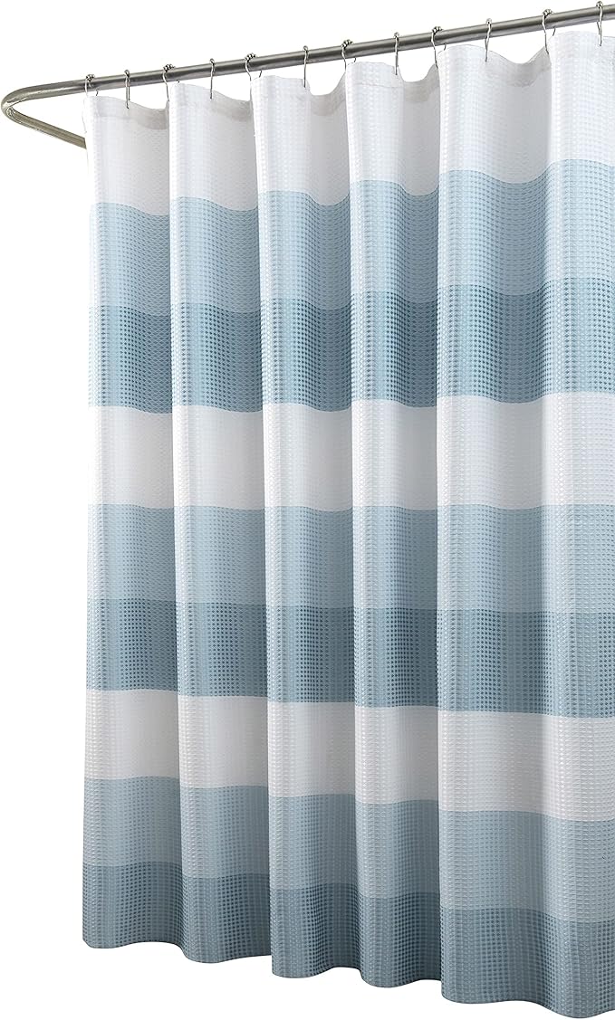 Dainty Home Ombre Waffle Weave Shower Curtain 70 x 72 Blue Textured Fabric Shower Curtain, Hotel Style Waffle Weave Bathroom Curtain, Water Resistant Polyester Ombre Shower Curtain