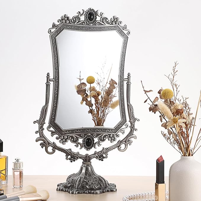 JUXYES Metal Tabletop Antique Decorative Makeup Mirror with Stand, Vintage 360° Swivel Double Sided Cosmetic Mirror with Frame, Retro Desktop Dressing Mirror Magic Mirror for Dresser