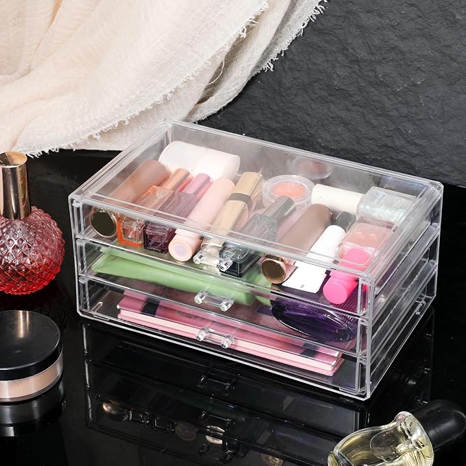 Acrylic Makeup Organizers, 9.3 X 5.3 X 4 Inch Stackable Makeup Organizer Acrylic 3 Drawer Storage Organizers Clear Stationery Organizer for Dresser, Bathroom, Vanity, Countertop