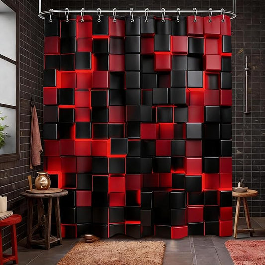 3D Cubes Shower Curtain，Red Black Shower Curtains for Bathroom，Modern Bathroom Shower Curtain，Washable Fabric Bath Curtain 72''x72''