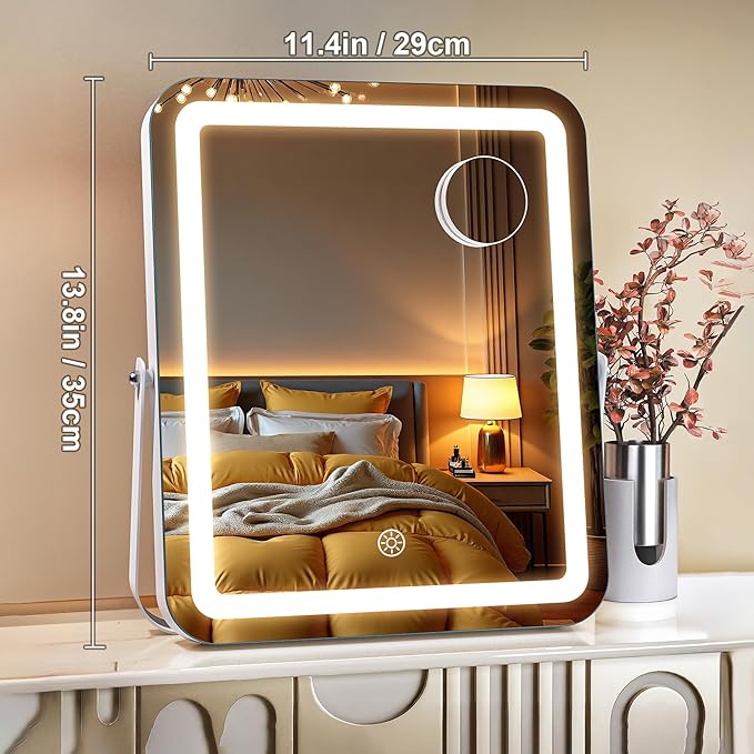 MINISO Vanity Mirror with Lights,11.4" x 13.8" LED Makeup Mirror, Light & Brightness Adjustment, Smart Sensor, Aluminum Alloy Metal White Frame, with 5X Magnifying Glass