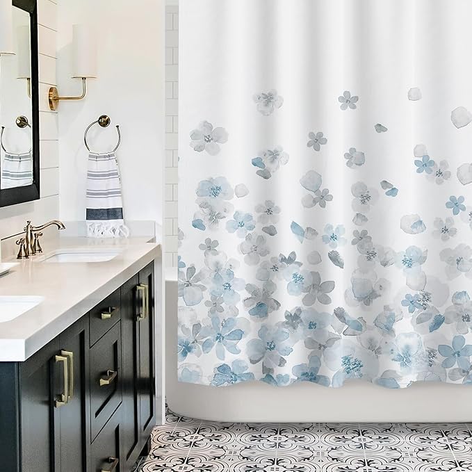 Sunlit Design Simple Style Blue and Gray Flower Blossoms Fabric Shower Curtains for Bathroom Decor with White Background, Machine Washable