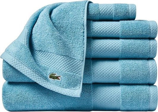 Lacoste Heritage Anti-Microbial Supima Cotton 6-Piece Towel Set, 2 Bath Towels, 2 Hand Towels, 2 Washcloths, Celestial Blue – Highly Absorbent & Quick Drying, Bathroom Essential, Machine Washable