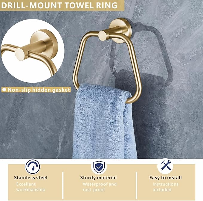 Bath Towel Ring, Bathroom Hardware Towel Holder, Gold Towel Ring for Bathroom, Modern Trapezoid Wall Mounted Towel Hanger, 304 Stainless Steel (Gold)