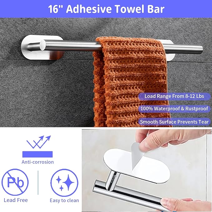 Bathroom Hardware Set, 16" Bathroom Towel Holder with Toilet Paper Holder, Towel Ring, Towel Hook, Bathroom Accessories for Kitchens, Laundry Rooms (10, Sliver)