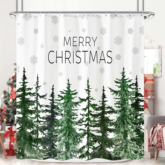 Accnicc Christmas Shower Curtain Winter Snowflake Pine Tree Shower Curtains for Bathroom Green Forest Xmas Trees Waterproof Fabric Bath Curtain Decor 72 X 72 Inch