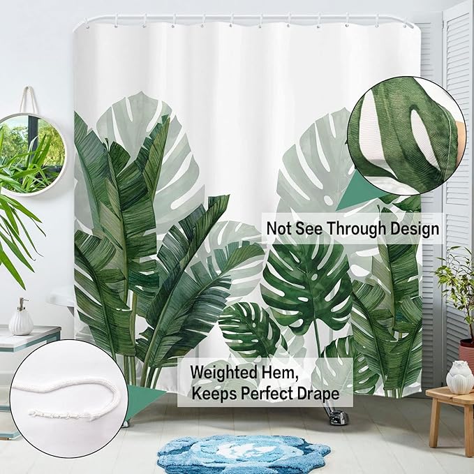 Baccessor Tropical Green Plant Shower Curtain Waterproof Washable Fabric Summer Bathroom Decor Botanical Banana Monstera Leaf Palm Tree Shower Curtain with Hooks 36 W X 72 L Inch