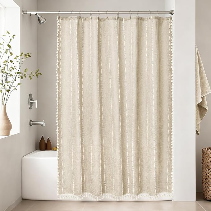 Boho Farmhouse Beige Linen Textured Shower Curtain, 72 x 84 Inch Extra Long Soft Fabric Shower Curtain Heavyweight with Tassels, Cream White Striped Bathroom Décor Curtain Water Repellent