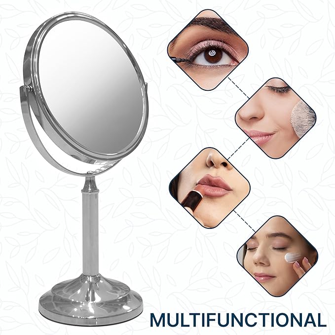 Indecor Home H Halston Stainless Steel Makeup Vanity Mirror 1X, 3X Magnification Round 360 Swivel Mirror for Desk, Bedroom, Bathroom Chrome