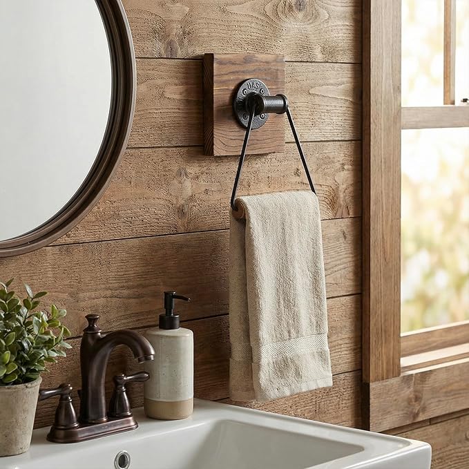 MyGift Bathroom Hand Towel Holder, Towel Rack Ring 5.5x8.7 inch for Kitchen, Laundry Room, Matte Black Industrial Metal with Rustic Solid Burnt Wood