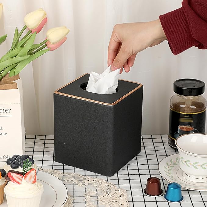 Sumnacon Tissue Box Cover Square Tissue Box Stylish Linen Tissue Box Holder with Magnetic Bottom, Cube Tissue Cover for Living Room Bathroom Table Desk Countertop Home Office Car Hotel, Black