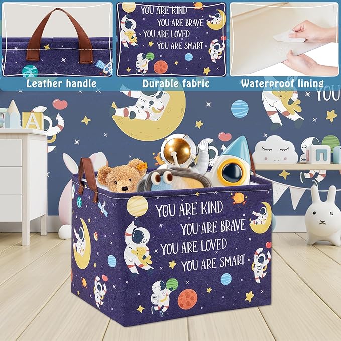 Space Room Decor Kid Storage Box,Boys Astronaut Planets Stars Organizer Toy Box Bin, Galaxy Spaceman Outer Space Blue Laundry Hamper for Baby Bedroom Classroom Nursery