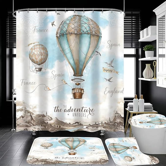 jieprom 4 Piece Sky Blue Shower Curtain Set with Rugs, Vintage Map & Hot Air Balloon Art, Scenic Adventure Aesthetic Bathroom Decor, Waterproof Fabric with Non-Slip Mats, Waterproof Fabric