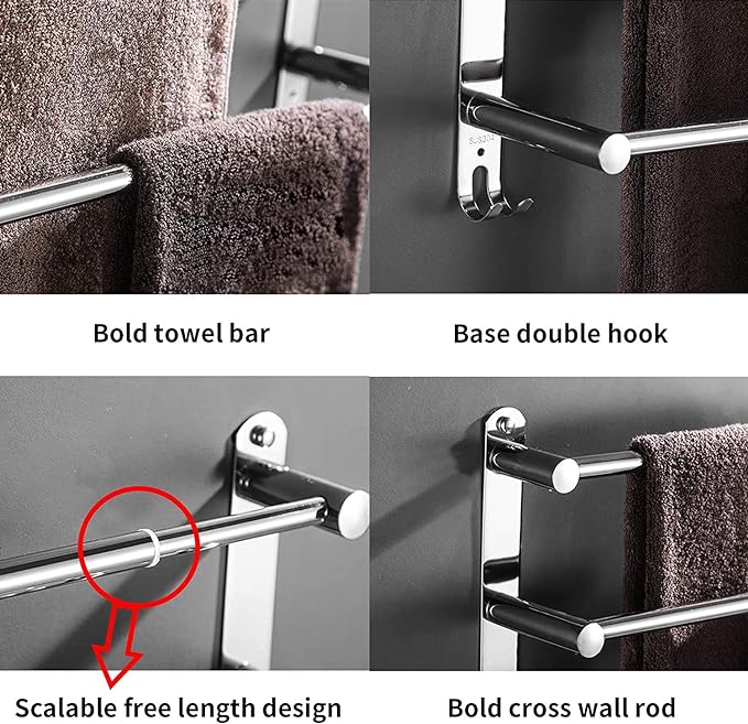 Towel Bars Retractable 20-30 Inche Stainless Steel 304 Bath Towel Rack Strong 3M Adhesive Bathroom Wall-mounting Free mounting Hole-Installing washroom Kitchen Space Saving 2-Tier Shelf Towel Rack