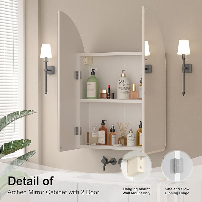 Beveled Edge Arched Medicine Cabinet with Mirror,2-Door Arch Surface Mount Medicine Cabinets Mirror,Frameless Mirrored Medicine Cabinets for Bathroom Mirror Cabinet,botiquines de baño 24x28