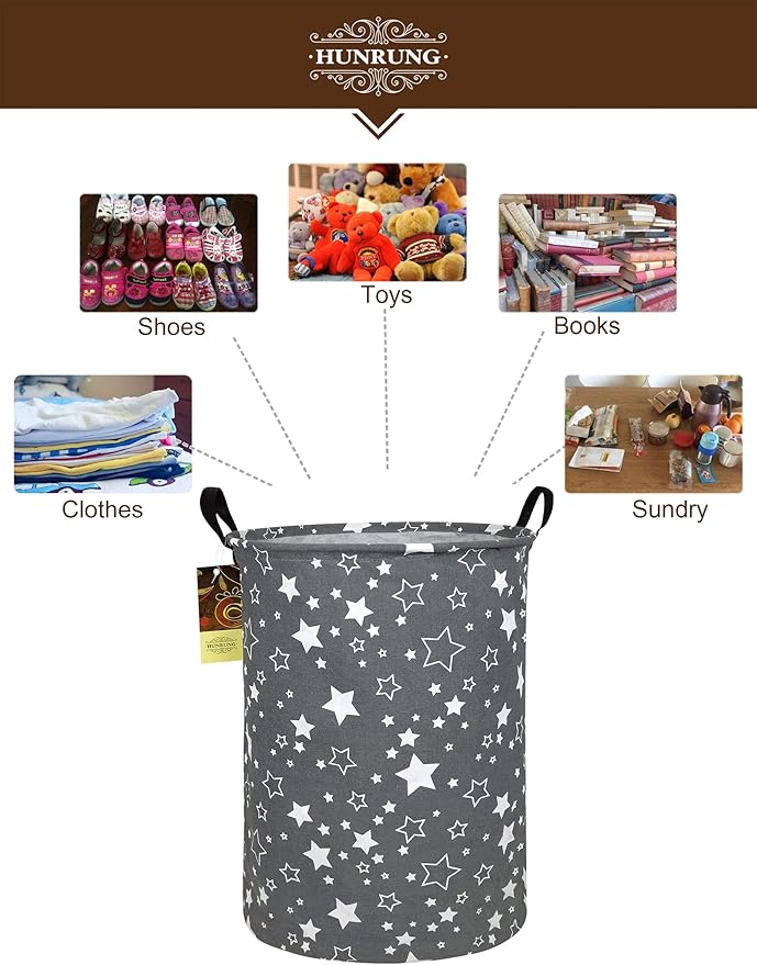 HUNRUNG Laundry Hamper,Large Canvas Fabric Lightweight Storage Basket Toy Organizer Dirty Clothes Collapsible Waterproof for College Dorms, Children Bedroom,Bathroom???Round star???