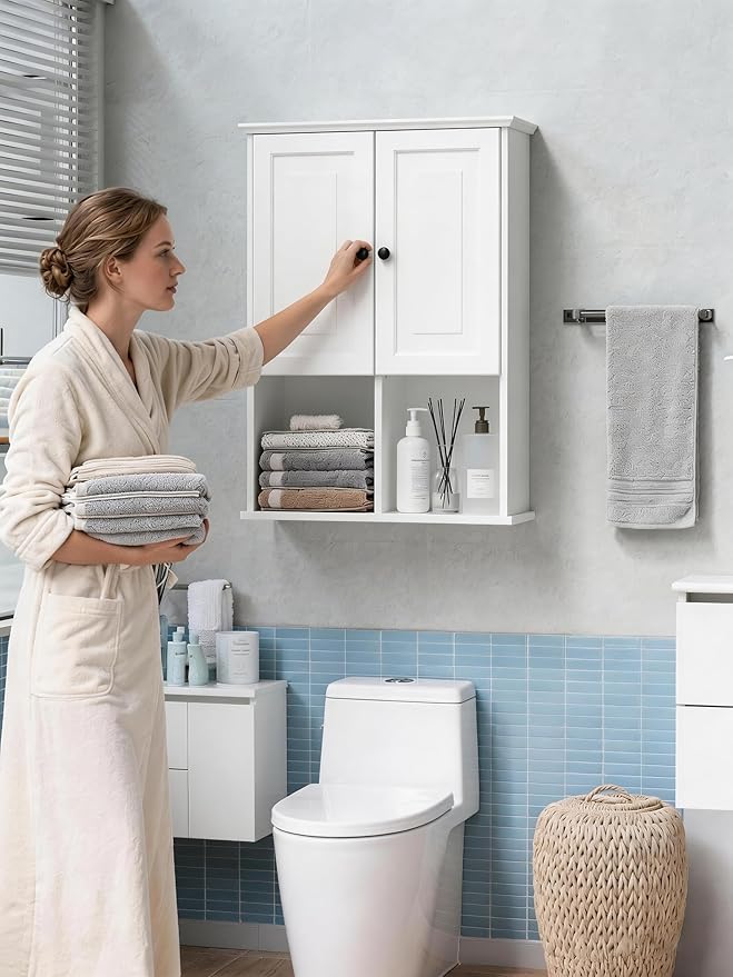 HAIOOU Bathroom Wall Cabinet with Motion Sensor LED Light, Wooden Medicine Cabinet Wall Mounted Cupboard, Over Toilet Storage Cabinet with Buffering Hinges and Adjustable Shelf - Modern White