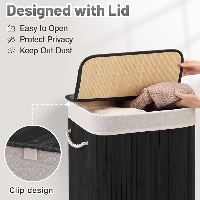 Aliphon 72L Slim Laundry Hamper with Lid, Foldable Bamboo Clothes Laundry Basket with Handles, Removable and Machine Washable Liner, for Bedroom, Bathroom, Dorm, Ink Black