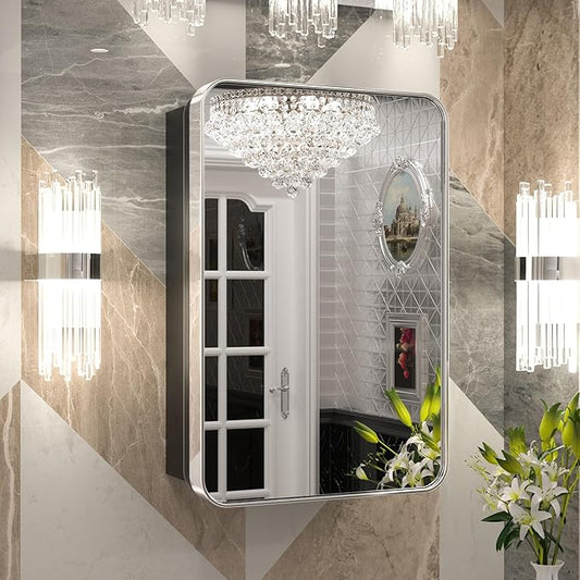 Keonjinn Chrome Medicine Cabinet Mirror 16 x 24 Inch, Recessed Medicine Cabinet for Bathroom, Elegant Stainless Steel Framed, Stepless Adjustable Shelves, in Wall or Surface Mount, Soft Closing