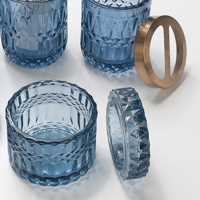 IVAILEX 5PCS Blue Glass Bathroom Accessories Sets of Lotion Dispenser, Soap Dish, Toothbrush Holder, Tumbler, Cotton Swab Jars, Modern Bath Decor, Vintage Gift