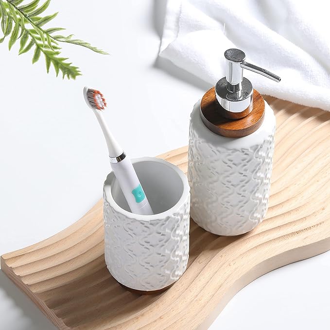 RQYIXI 4 Piece Bathroom Accessories Set, White Ceramic Bath Accessory Set with Wood Accents, Soap Dispenser, Toothbrush Holder, Tumbler and Soap Dish, Elegant Bathroom Countertop Decor