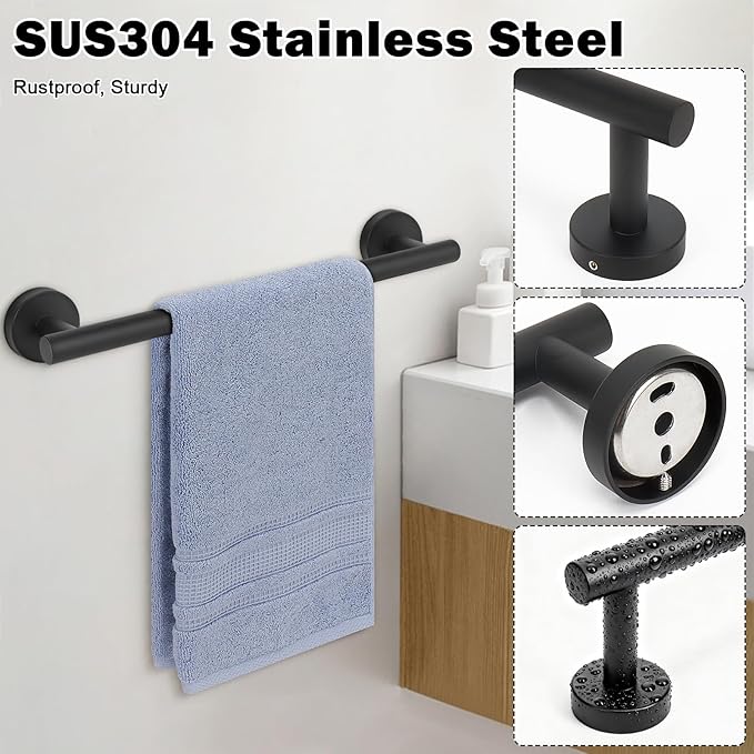 Livabber Bath Towel Bar, 304 Stainless Steel Towel Rack, Heavy Duty Towel Holder Wall Mounted for Bathroom/Kitchen, Usable Hanging Length-13.4 Inch, Total Length-16 Inch (Black)