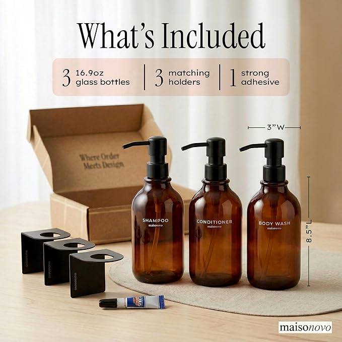 Shampoo and Conditioner Dispenser Wall Mounted Set of 3 Amber Black - No Drill Shower Soap Dispenser for Bathroom Refillable - Spa Hotel Style Accessories by MaisoNovo