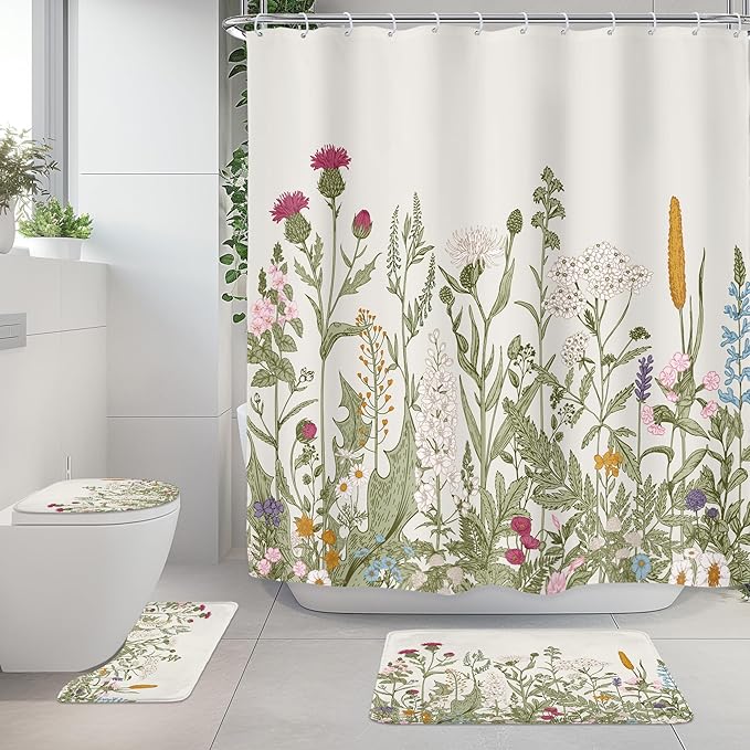 Riyidecor Wildflower Botanical 4Pcs Bathroom Shower Curtain Sets Floral Flower Herbs Green Leaf Bathroom Decor Set with Rugs and Accessories Plant Toilet Lid Rug, Contour and Bath Mat with 12 Hooks
