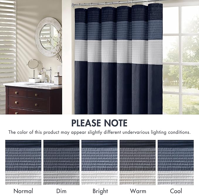 Madison Park Amherst Bathroom Shower Curtain Faux Silk Pieced Striped Modern Microfiber Bath Curtains, 72x84 Inches, Navy