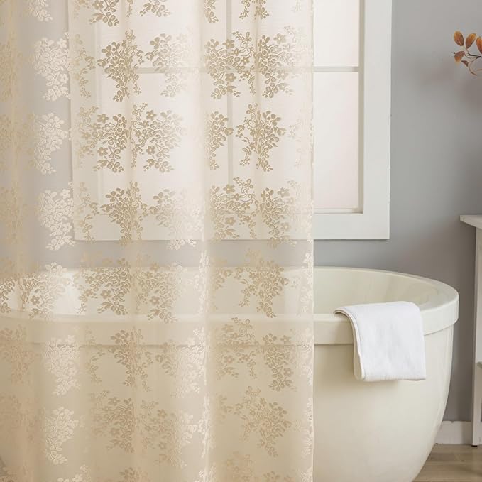 YJ YANJUN Beige Lace Shower Curtain with Attached Valance Vintage Floral Cottage Core Shower Curtain for Bathroom Antique Boho Shabby Chic Scallop Edge Bathroom Curtains 1 Panel, 72 x 72 Inch