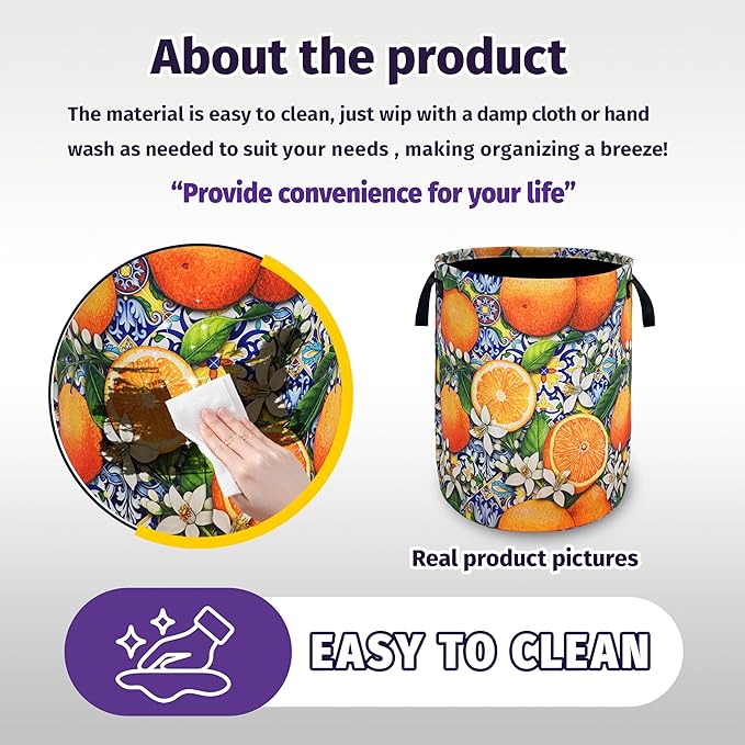Tangerine Laundry Basket Mexican Tiles Foldable Oxford Cloth With Handle Portable Colorful Storage Basket Organizer Suitable For Laundry Room/Living Room/Children'S Room (18.9 X 16.5 Inch)