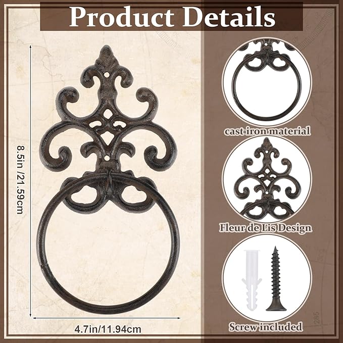 1 Pcs Dark Rust Vintage Cast Iron Solid Towel Ring Fleur De Lis Design Antique Towel Holder for Bathroom Kitchen Accessories Wall Mounted Christmas Party Gifts