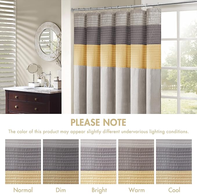 Madison Park Amherst Bathroom Shower Curtain Faux Silk Pieced Striped Modern Microfiber Bath Curtains, 72x84 Inches, Yellow