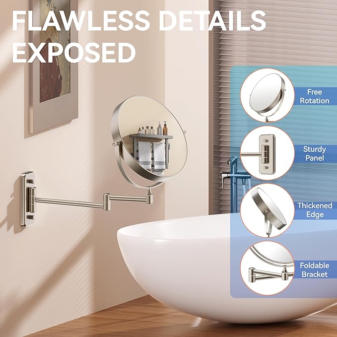 Auxmir 1X/30X Wall Mounted Makeup Mirror, Double-Sided Magnifying Mirror with Tweezers, Bathroom Makeup Mirror, Cosmetic Vanity Mirror with 360 Rotation Extendable Swivel Arm, Nickel