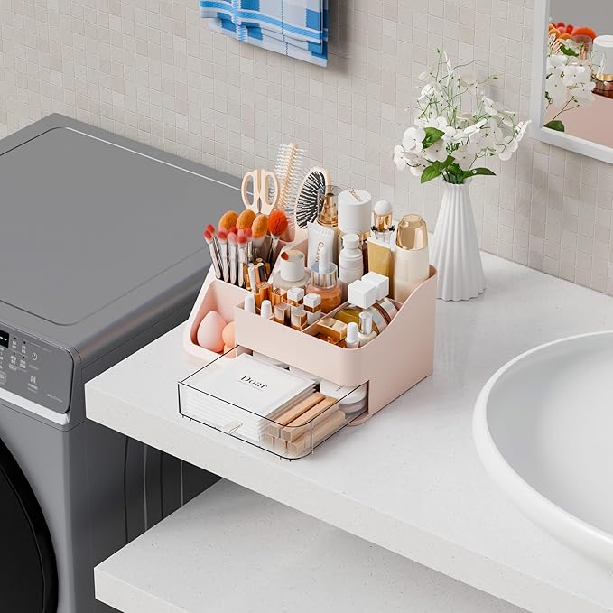 Yieach Countertop Makeup Organizers With Brush Holder,Big Skincare Organizers for Vanity,Dresser,Bathroom,Plastic Cosmetics Storage Organizer with Drawers for Lotion,Beauty,Hair Product & Tool,Pink