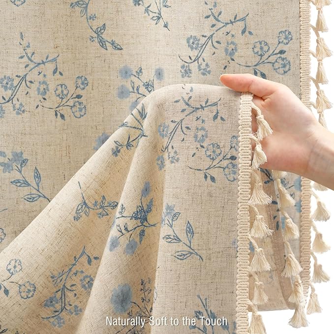 Blue Vintage Linen Shower Curtain, French Country Shower Curtains for Bathroom with Tassels, 72Wx72H