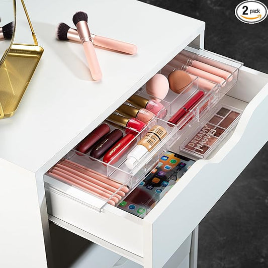 Masirs Expandable Drawer Organizer - Customizable Makeup Vanity Organizing Storage Tray for Bathroom, Bedroom & Desk Drawers - Clear Plastic Cosmetics Organizers with Expanding Compartment (Set of 2)