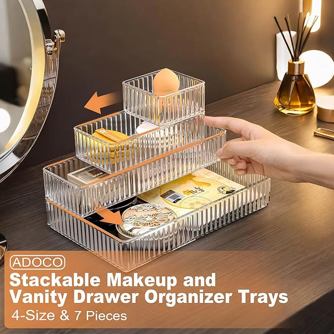 7 PCS Clear Drawer Organizers Bins, 4-Size Stackable Makeup Vanity Drawer Organizer Trays, Acrylic Bathroom Drawer Organizer Storage Containers for Cosmetic,Office Supply