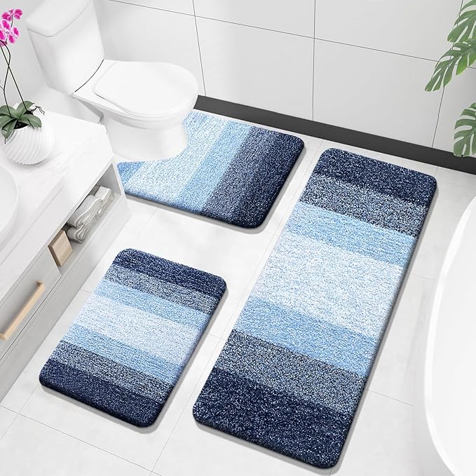 OLANLY Bathroom Rugs Sets 3 Piece, Soft Absorbent Microfiber Bath Mats and U-Shaped Contour Toilet Rug, Plush Shaggy Bath Mat Set for Bathroom (47"x20"+24"x16"+24"x20", Navy)