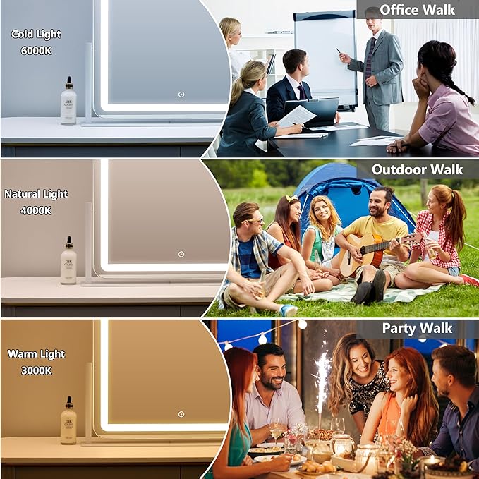 Acoolda Vanity Mirror with Lights, Large Makeup Mirror, LED Lighted, 3 Color Modes, 360 Rotation, 22.2" x 16.3" White