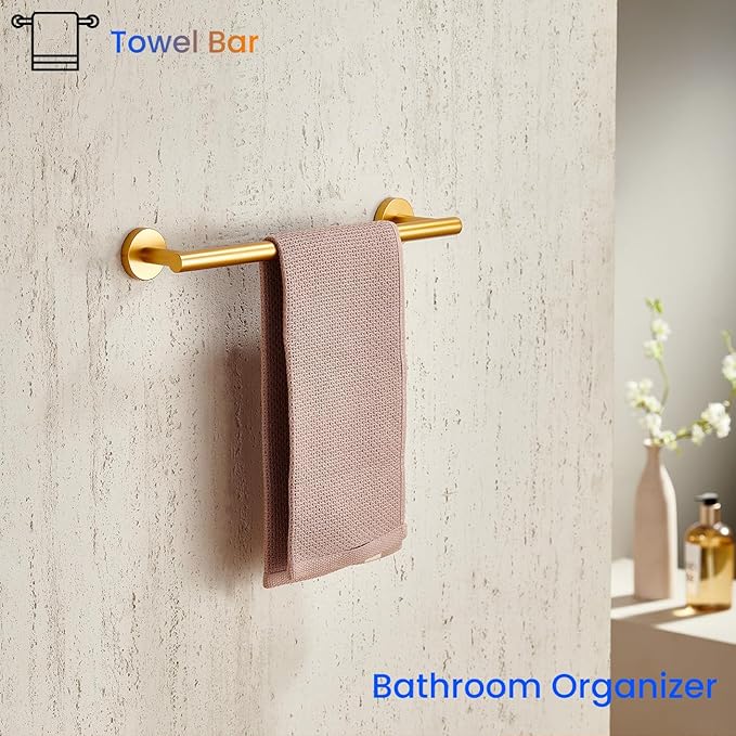 Miyili Bath Towel Bar 16-Inch SUS 304 Stainless Steel Towel Rack Hanger for Bathroom Kitchen Wall Mount Gold