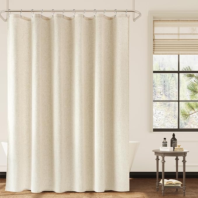 Naturoom Long Linen Shower Curtain, 80 Inch Weighted Cloth Bathroom Shower Curtain, Neutral Tone Burlap Woven Look Country Style Hotel Luxury Bath Curtains Set with Hooks, 72x80, Cream Beige