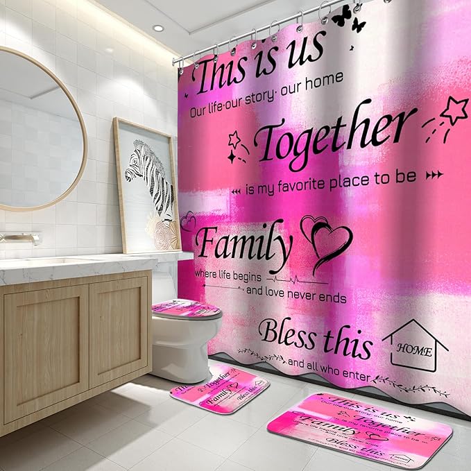 Lnond 4Pcs Bathroom Shower Curtain Sets with Rugs, Pink Motivational Home Family Bathroom Sets with Shower Curtain and Rugs and Accessories
