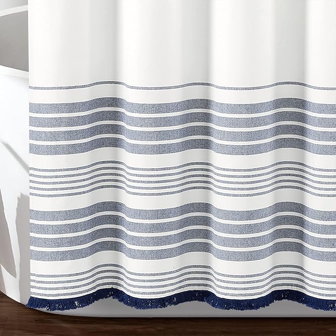 Lush Decor Nantucket Yarn Dyed Cotton Blend Tassel Fringe Shower Curtain Single 72" W x 72" L White & Navy - White Shower Curtains for Bathroom Curtain