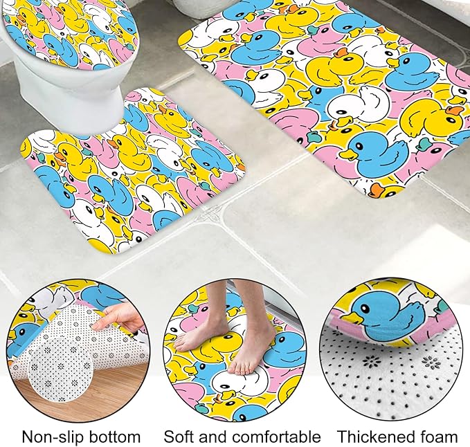 Lnond 4 Pcs Kids Bathroom Shower Curtain Set, Colorful Duck Bathroom Sets for Kids Bathroom Decoration with Shower Curtain, Non Slip Bathroom Rugs, Toilet Lid Cover, U Toilet Mat and 12 Hooks